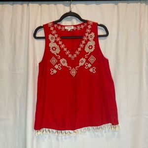 THML Red Embroidered Sleeveless Blouse